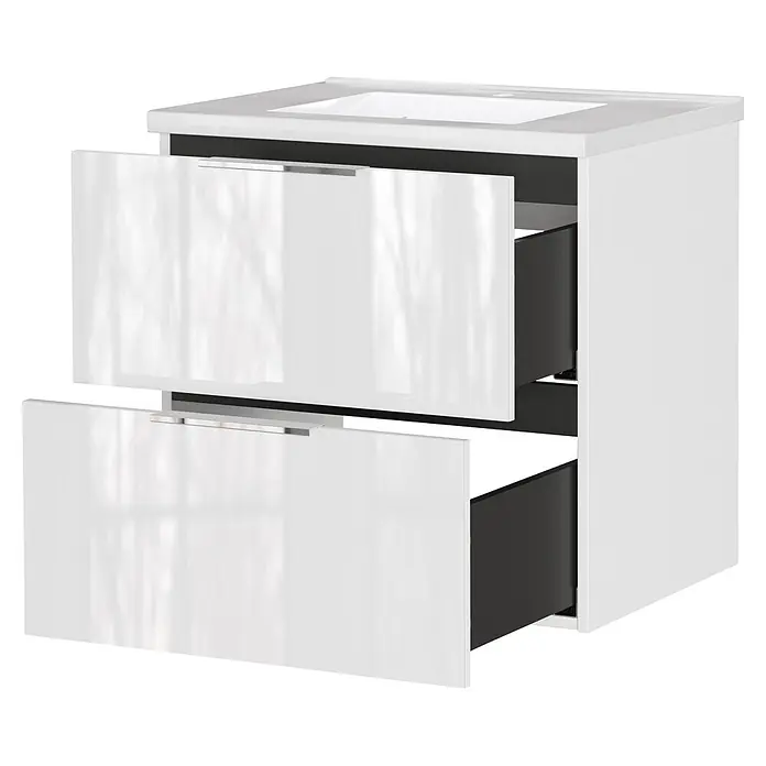 Germania Waschtischunterschrank GW-CELANO - B x T x H: 61 x 46 x 61 cm, Weiß - Weißer wandhängender Badunterschrank mit integriertem Waschbecken und zwei offenen Hochglanzschubladen mit Chromgriffen.