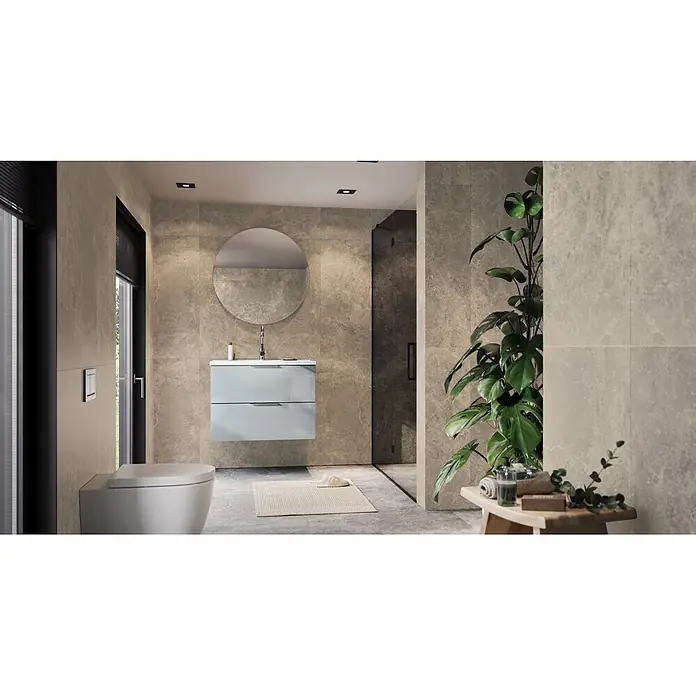 Germania Waschtischunterschrank GW-CELANO - B x T x H: 81 x 46 x 61 cm, Graphit/Silbergrau - Modernes Badezimmer mit hellblauer Waschtischanlage, weißer Toilette, Glasdusche und großer Grünpflanze vor grauen Steinfliesen.