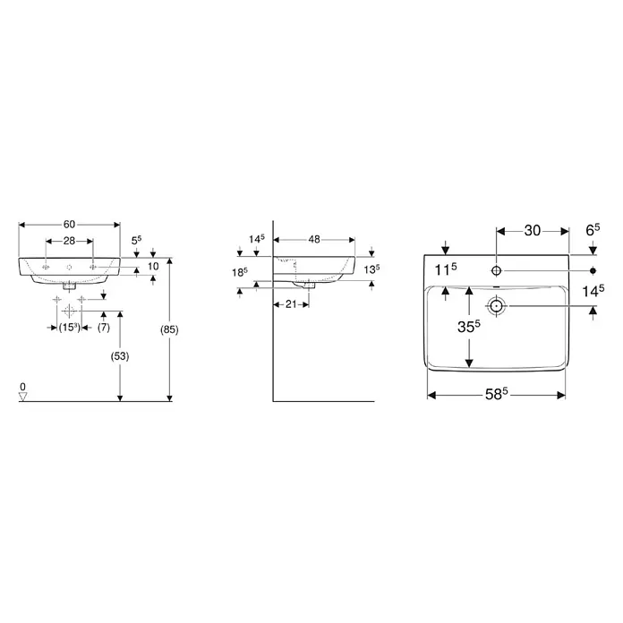 Geberit Renova Plan Waschtisch-Set - 60 x 48 cm, Ohne Spezialglasur, Hahnloch: Mitte, Mit Überlauf, Weiß, Mit Zubehör - Technische Zeichnung eines Waschbeckens mit Vorder-, Seiten- und Draufsicht und Maßen.