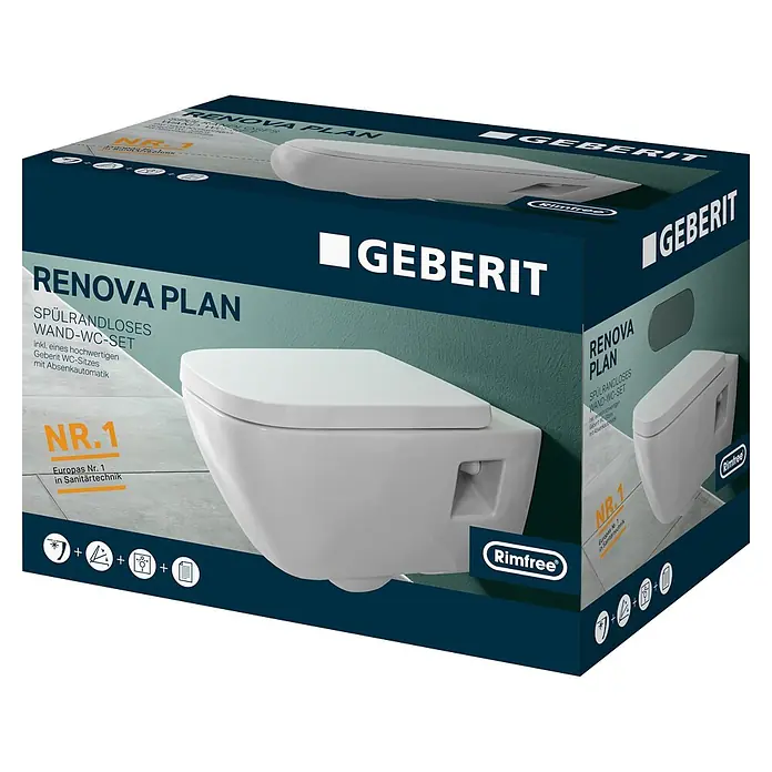 Geberit Renova Plan Wand-WC-Set - Spülrandlos, Ohne Spezialglasur, Spülform: Tief, WC Abgang: Waagerecht, Teilgeschlossene Form - Geberit Renova Plan spülrandloses Wand-WC-Set in Verpackung, mit weißer Keramiktoilette und Absenkautomatik-Sitz, mit Rimfree-Technologie.