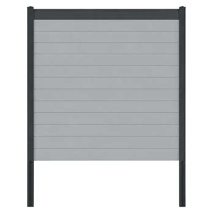Deutsche Zauntechnik Zaun-Set Vidual Snap - 1,84 x 1,77 m, Fenstergrau - Graues Sichtschutzzaunelement mit horizontalen Lamellen und dunkelgrauem Rahmen.
