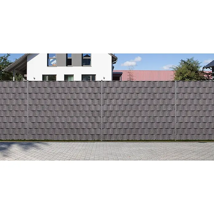 Deutsche Zauntechnik Sichtschutzstreifen Fleeceline - 26 m x 190 mm, Graphitgrau, 1 Stk. - Dunkelgrauer Sichtschutzzaun mit integrierten Paneelen, bietet robusten Sichtschutz im Außenbereich.