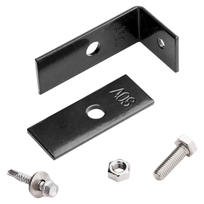 Deutsche Zauntechnik Wand- & Pfostenanschlusswinkel - Anhrazitgrau, 6 x 4 cm - Sortiment schwarzer Metallwinkel (L-förmig, flach) und silberner Befestigungselemente: Sechskantschraube, Mutter, Bohrschraube mit Scheibe.