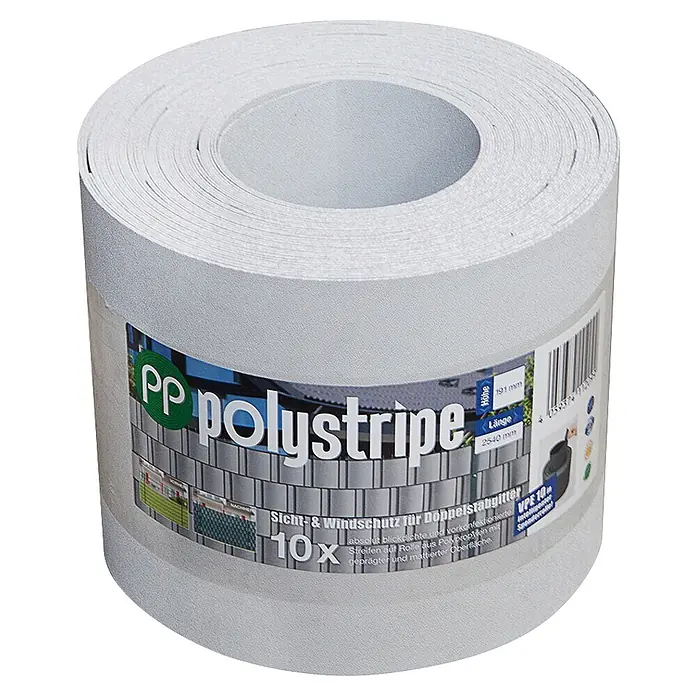 Deutsche Zauntechnik Sichtschutzstreifen Polystripe - 2,53 m x 190 mm, Lichtgrau, 30 Stk. - Weiße Polypropylen Polystripe Rolle für Sicht- und Windschutz an Doppelstabmattenzäunen. Mattierte, geprägte Oberfläche.