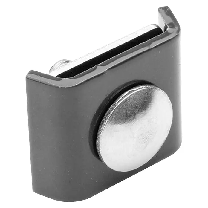 Deutsche Zauntechnik Eckverbinder Flach - 3 x 4 x 1 cm, Anhrazitgrau - Dunkelgraue Metallklemme mit Schlitz und silberner Flachkopfschraube.