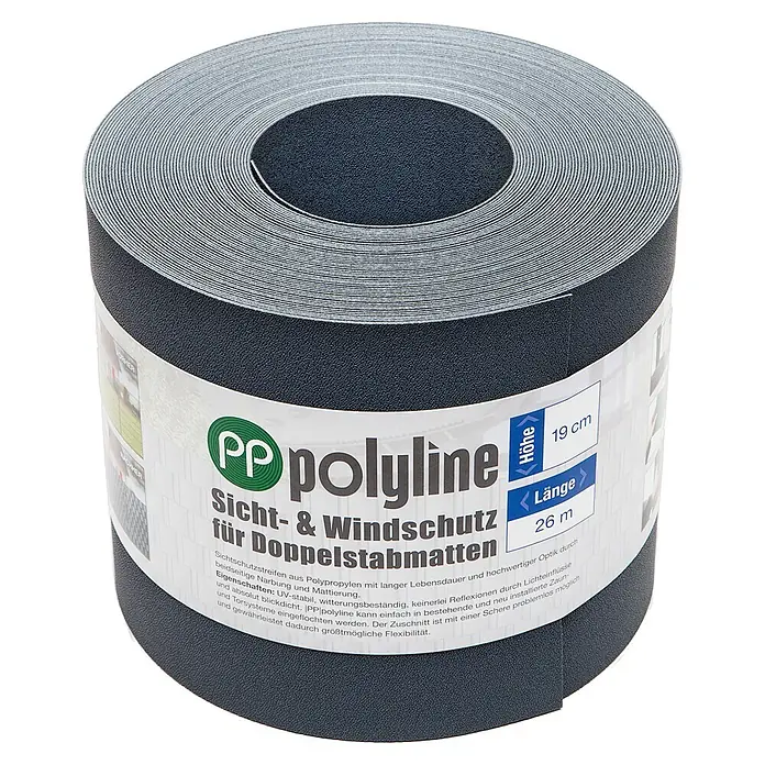 Deutsche Zauntechnik Sichtschutzstreifen Polyline - 26 m x 190 mm, Anthrazitgrau, 2 Stk. - Dunkelgraue Polypropylen Sicht- & Windschutzrolle, 19 cm hoch, 26 m lang, für Doppelstabmatten.