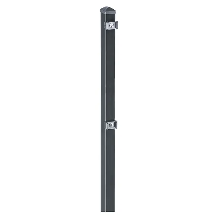 Deutsche Zauntechnik Zaunpfosten Vp - Höhe: 170 cm, Anthrazitgrau, Stahl - Dunkelgrauer rechteckiger Zaunpfosten mit Abschlusskappe und zwei Metall-Paneelclips.