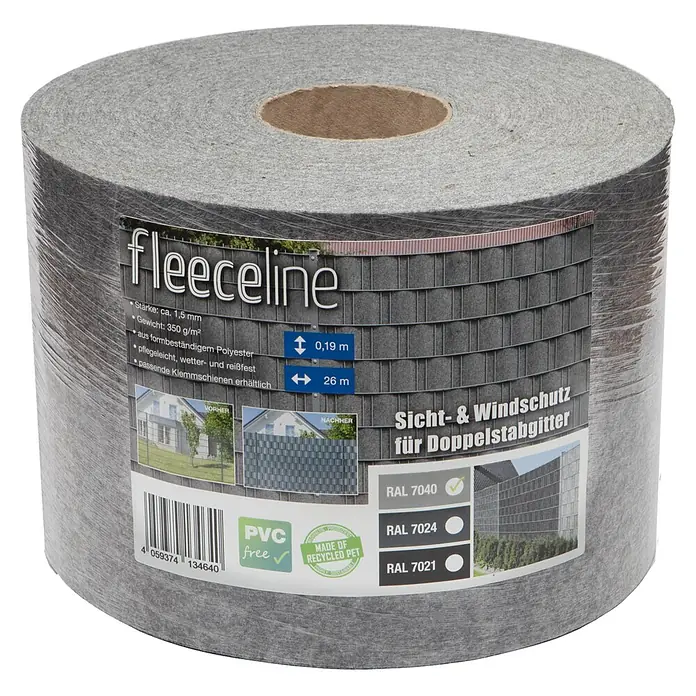 Deutsche Zauntechnik Sichtschutzstreifen Fleeceline - 26 m x 190 mm, Fenstergrau, 2 Stk. - Rolle aus grauem Fleeceline Polyester Sicht- und Windschutz für Doppelstabgitter, 0,19m x 26m, PVC-frei, aus recyceltem PET.