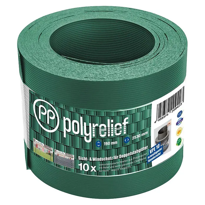 Deutsche Zauntechnik Sichtschutzstreifen Polyrelief - 2,53 m x 191 mm, Moosgrün, 10 Stk. - Grüne Polypropylen Sichtschutzstreifen auf einer Rolle für Doppelstabgitter.