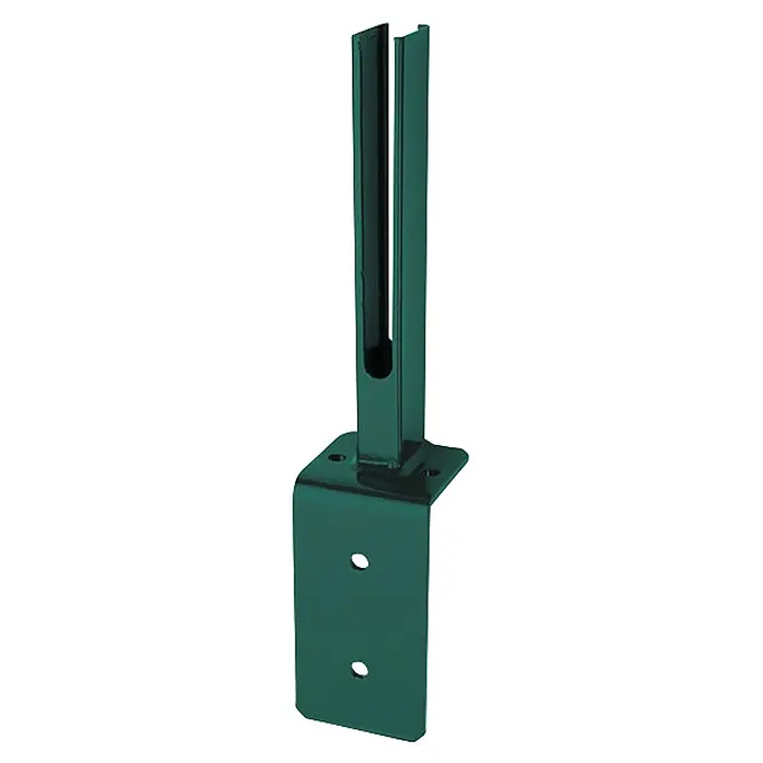 Deutsche Zauntechnik Fußplatte Winkel Universal - Moosgrün, 10 x 30,6 cm - Dunkelgrüne Metall-Pfostenhalterung mit L-förmigem Sockel und vertikalem Schlitzpfosten zum Sichern von Pfosten.