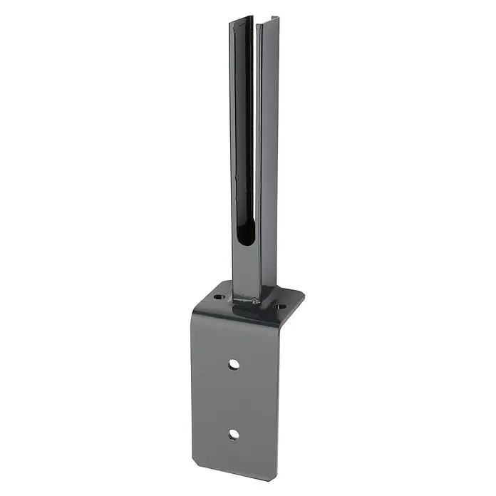 Deutsche Zauntechnik Fußplatte Winkel Universal - Anhrazitgrau, 10 x 30,6 cm - Schwarze Metallpfostenhalterung mit U-Profil und Befestigungslöchern.