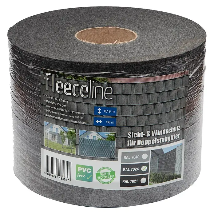 Deutsche Zauntechnik Sichtschutzstreifen Fleeceline - 26 m x 190 mm, Graphitgrau, 1 Stk. - Dunkelgraue Fleeceline Sichtschutzrolle (0,19m x 26m) aus recyceltem Polyester, für Doppelstabzäune.
