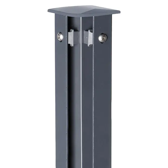 Deutsche Zauntechnik Zaunpfosten Vape - Höhe: 220 cm, Anthrazitgrau, Stahl - Dunkelgrauer Metallzaunpfosten mit Abdeckkappe und sichtbaren Plattenbefestigungsschrauben.