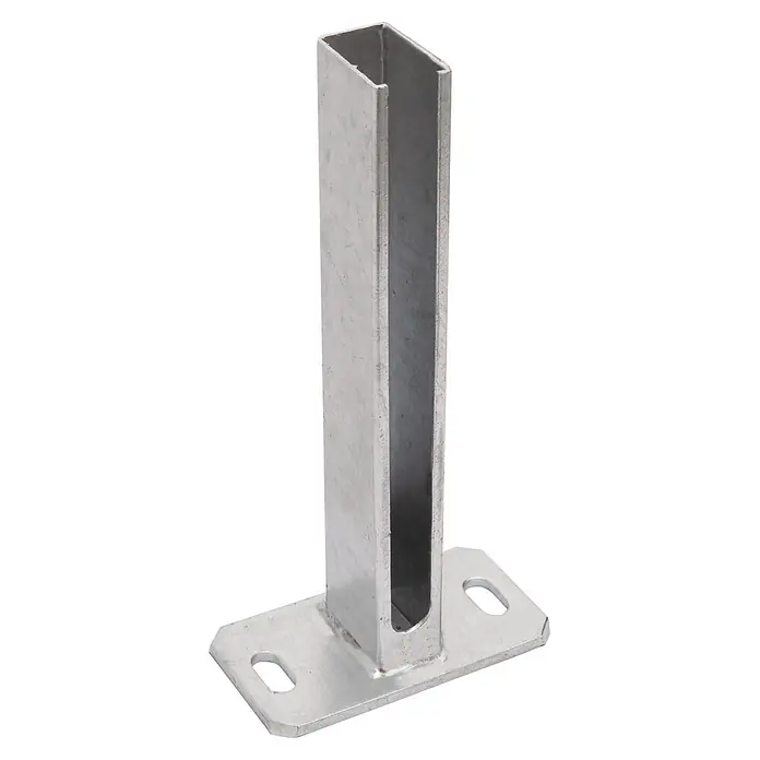 Deutsche Zauntechnik Fußplatte Universal - 15 x 30,6 cm, Silber - Pfostenstütze aus verzinktem Stahl mit U-Profil und flacher Grundplatte mit Langlöchern.