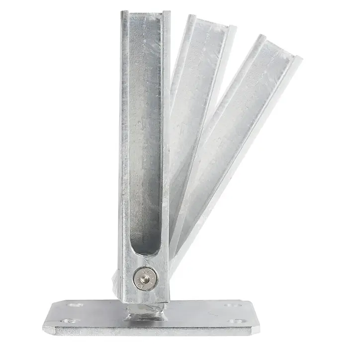 Deutsche Zauntechnik Fußplatte Universal - 10 x 22,1 cm, Silber - Silberne, verzinkte Metallhalterung mit mehreren verstellbaren Armen auf flacher Grundplatte.
