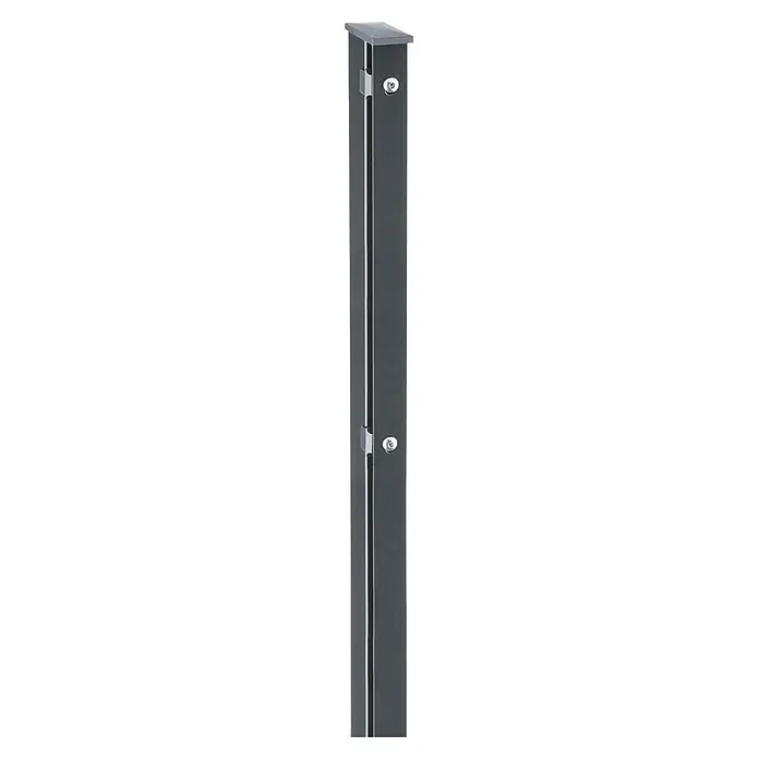 Deutsche Zauntechnik Zaunpfosten Vap - Höhe: 240 cm, Anthrazitgrau, Stahl - Dunkelgrauer Metallzaunpfosten mit silberner Kappe und Befestigungen, für Geländer oder Zaunfelder.