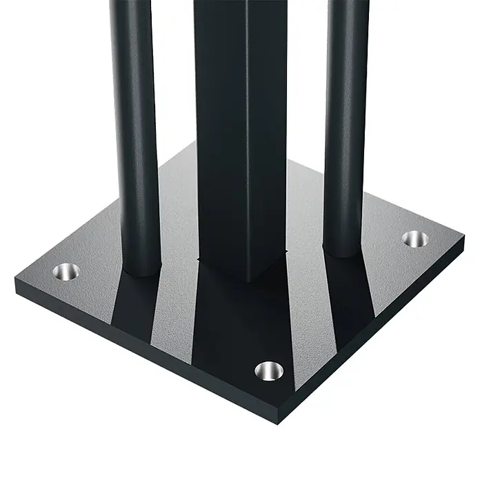 Deutsche Zauntechnik Fußplatte Vidual Mittelstab - 15 x 15 cm, Anhrazitgrau - Schwarze Metallgrundplatte mit einem quadratischen und zwei runden Pfosten, mit vier versenkten Befestigungslöchern.