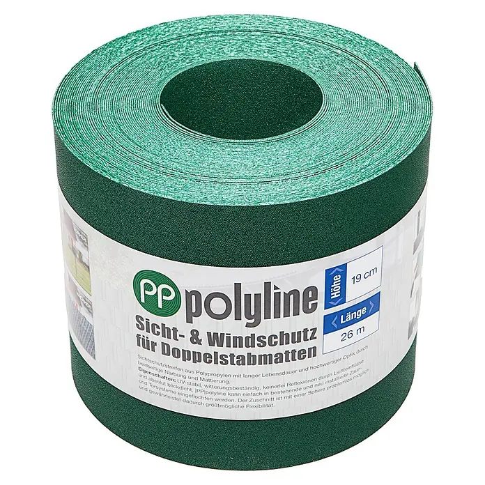 Deutsche Zauntechnik Sichtschutzstreifen Polyline - 26 m x 190 mm, Grün, 3 Stk. - Grüne Polypropylen Sicht- & Windschutzrolle für Doppelstabmatten, 19 cm hoch, 26 m lang.