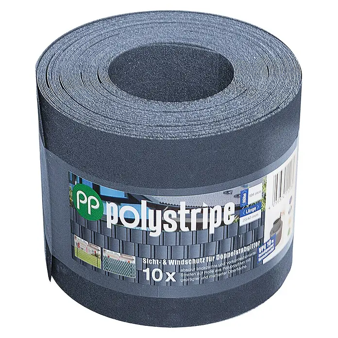 Deutsche Zauntechnik Sichtschutzstreifen Polystripe - 2,53 m x 190 mm, Anthrazitgrau, 10 Stk. - Dunkelgrauer Polypropylen-Sichtschutzstreifen auf Rolle für Doppelstabgitter.