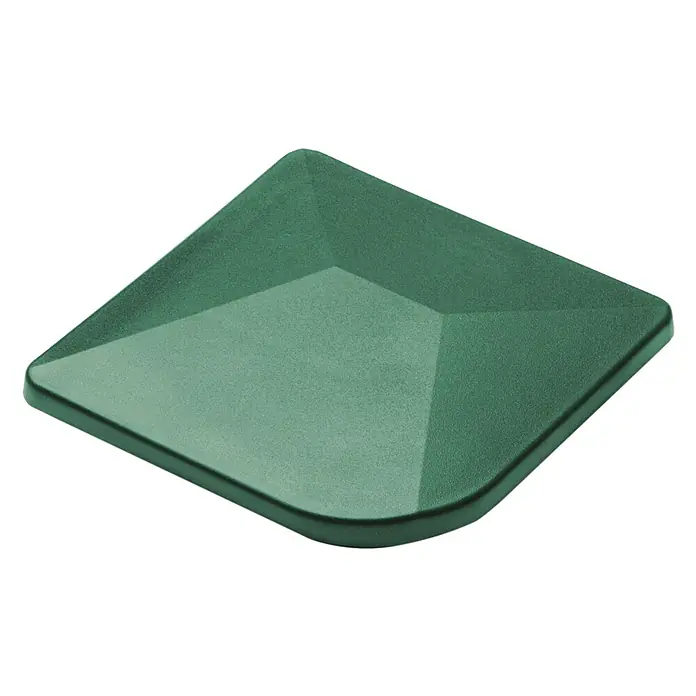 Deutsche Zauntechnik Pfostenkappe Alu Eckzaunpfosten - Aluminium, Passend für: Doppelstabmattenzäune, Moosgrün, 60 x 60 mm - Quadratische grüne Kappe mit facettierter Oberseite und abgerundeten Ecken.