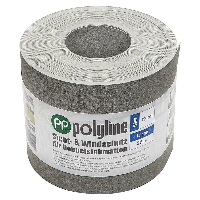 Deutsche Zauntechnik Sichtschutzstreifen Polyline - 26 m x 190 mm, Fenstergrau, 2 Stk. - Graue Polypropylen-Sichtschutzrolle (19 cm x 26 m) für Doppelstabmatten, matt und witterungsbeständig.