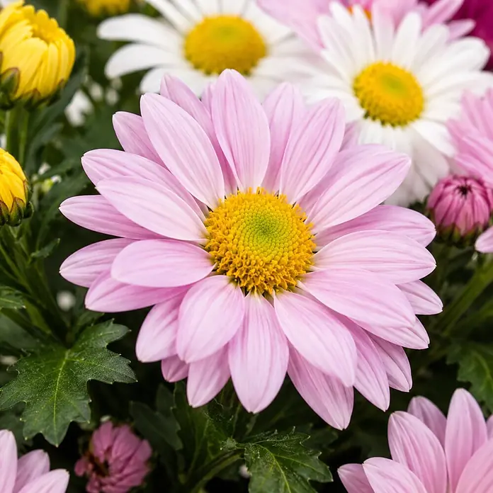 Piardino Herbst-Chrysantheme Quattro - Dendranthema indicum, Topfgröße: 13 cm, mehrfarbig - Nahaufnahme rosafarbener, weißer und gelber margeritenähnlicher Blüten mit grünen Blättern. Fokus auf eine leuchtend rosa Blüte.