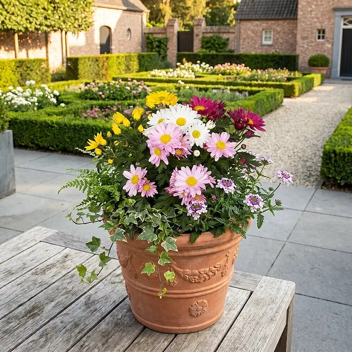 Piardino Herbst-Chrysantheme Quattro - Dendranthema indicum, Topfgröße: 13 cm, mehrfarbig - Verzierte Terrakotta-Topf mit bunten Chrysanthemen, Efeu und Verbene auf rustikalem Holztisch im Garten.