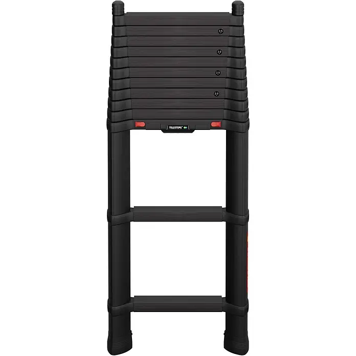 Telesteps Teleskopleiter Tactical Line Taktische Teleskopleiter – Militär- & Polizeileiter - Anzahl Tritte: 13 Stk., Arbeitshöhe: 5.000 m, Belastbarkeit: 500 kg, Aluminium - Schwarze Teleskopleiter mit Höhenmarkierungen und "TELESTEPS"-Aufschrift.
