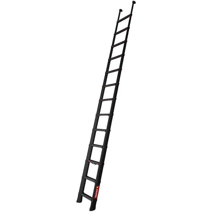 Telesteps Teleskopleiter Tactical Line Taktische Teleskopleiter – Militär- & Polizeileiter - Anzahl Tritte: 13 Stk., Arbeitshöhe: 5.000 m, Belastbarkeit: 500 kg, Aluminium - Schwarze Teleskopleiter, voll ausgefahren, mit roten Sicherheitsverschlüssen.