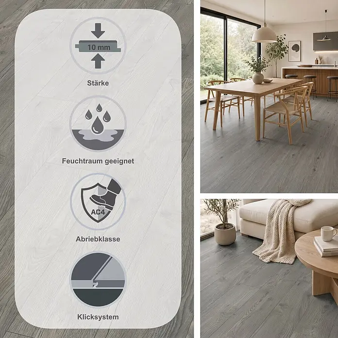 Egger Laminat NatureSense Aqua - Avery Eiche grau, Landhausdiele, 1.292 x 193 x 10 mm - Grauer Laminatboden in Holzoptik mit Funktionssymbolen, gezeigt in modernen Wohn- und Essbereichen.