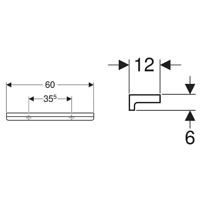 Geberit Renova Plan Badablage - Keramik, Weiß, Länge: 60 cm - Technische Zeichnung eines rechteckigen Griffs mit Maßen: 60mm Länge, 35.5mm Bohrabstand, 12mm Tiefe, 6mm Höhe.