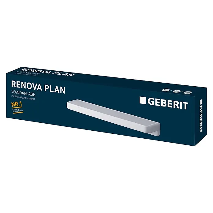 Geberit Renova Plan Badablage - Keramik, Weiß, Länge: 50 cm - Dunkelblaue Geberit Renova Plan Wandablage Verpackung mit weißer Ablage.