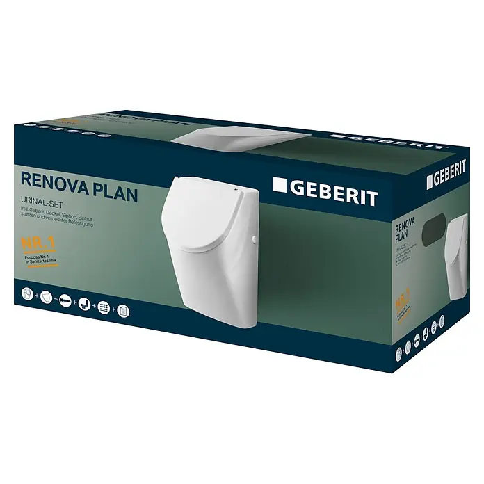 Geberit Renova Plan Urinal-Komplettset - Mit Urinaldeckel, Unbeschichtet, Zulauf: Hinten, Druckspülung, Farbe: Weiß - Geberit Renova Plan Urinal-Set in dunkelblauer und grüner Verpackung, zeigt ein weißes Wandurinal mit Deckel.