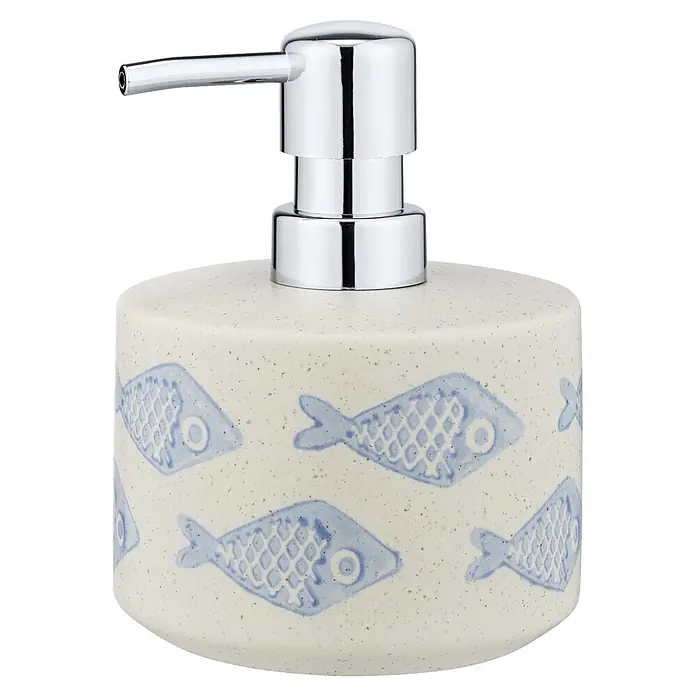 Wenko Seifenspender Aquamarin - Keramik, Beige - Keramischer Seifenspender mit blauem Fischmuster und Chrompumpe.
