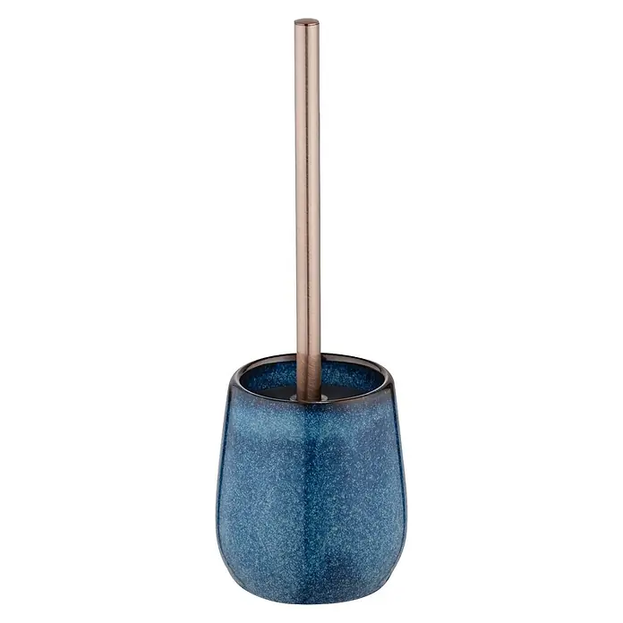 Wenko WC-Bürstengarnitur Sirmione - 10,5 x 10,5 x 40 cm, Keramik, Blau/Kupfer - Toilettenbürste mit gesprenkeltem blauem Keramikhalter und gebürstetem Metallgriff.