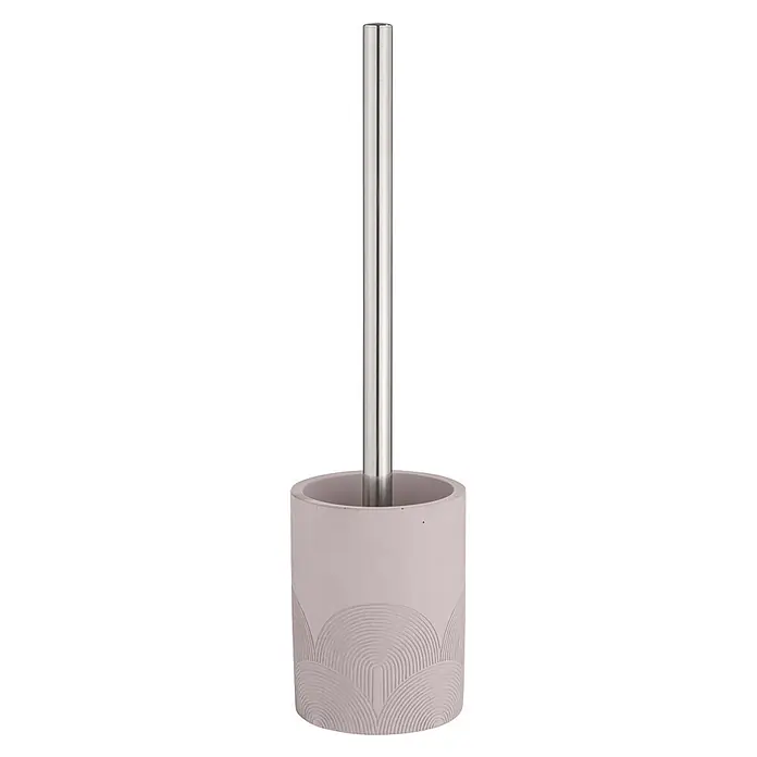 Wenko WC-Bürstengarnitur Roveto - 9,5 x 9,5 x 36,5 cm, Beton, Rosa - Hellgrauer Toilettenbürstenhalter mit geprägtem Wellenmuster und metallischem Bürstengriff.