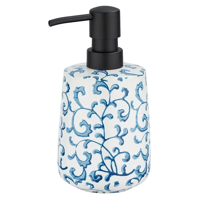 Wenko Seifenspender Mirabello - Keramik, Weiß/Blau - Weißer Keramik-Seifenspender mit blauem Blumenmuster und schwarzer Pumpe.