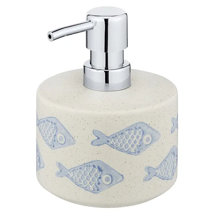 Wenko Seifenspender Aquamarin - Keramik, Beige - Beigefarbener Keramik-Seifenspender mit blauem Fischmuster und Chrompumpe.