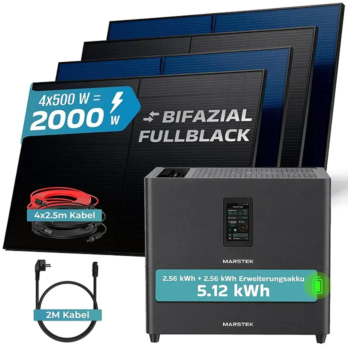 Sunniva Balkonkraftwerk-Set 2000 / 800 Watt mit Marstek Jupiter C Plus 5.12 kWh Speicher - Nennleistung: 800 W - Ein Solarenergie-Kit mit vier schwarzen bifazialen Solarmodulen (insgesamt 2000 W), einer grauen MARSTEK Powerstation (5,12 kWh) und Anschlusskabeln.