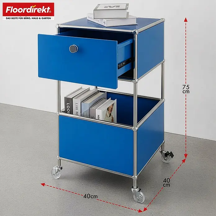 Floordirekt Metallregal Concept Epure MK-145 - 40 x 40 x 75 cm Blau - H x B x T: 75 x 40 x 40 cm, Anzahl Böden: 3 Stk., Schrauben, Blau - Blauer, modularer Rollcontainer mit einer Schublade und zwei Fächern, 75x40x40 cm.