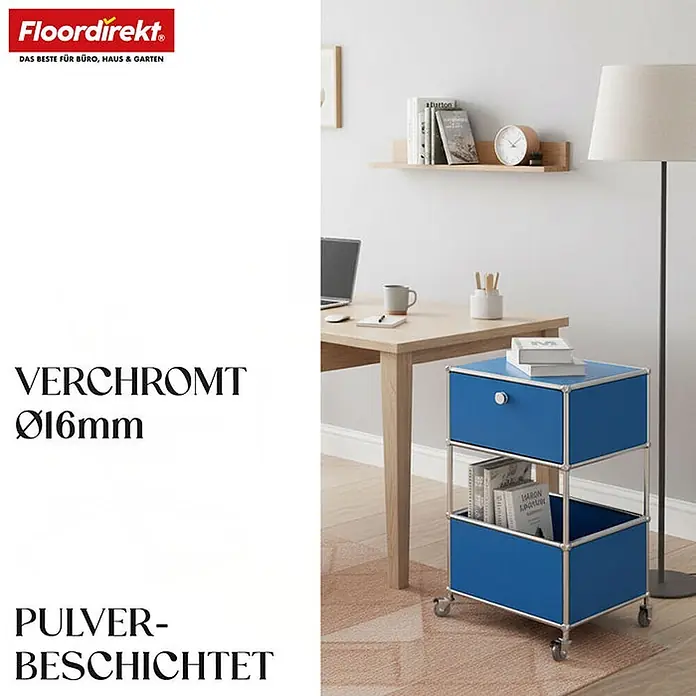 Floordirekt Metallregal Concept Epure MK-145 - 40 x 40 x 75 cm Blau - H x B x T: 75 x 40 x 40 cm, Anzahl Böden: 3 Stk., Schrauben, Blau - Blauer, pulverbeschichteter Modultrolley mit verchromtem Ø16mm Metallrahmen und Rollen, als mobiler Beistelltisch im Büro.