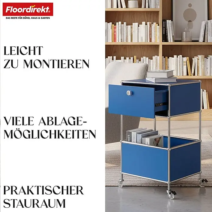 Floordirekt Metallregal Concept Epure MK-145 - 40 x 40 x 75 cm Blau - H x B x T: 75 x 40 x 40 cm, Anzahl Böden: 3 Stk., Schrauben, Blau - Blauer modularer Rollcontainer mit silbernem Rahmen, Schublade und offenen Fächern auf Rollen.