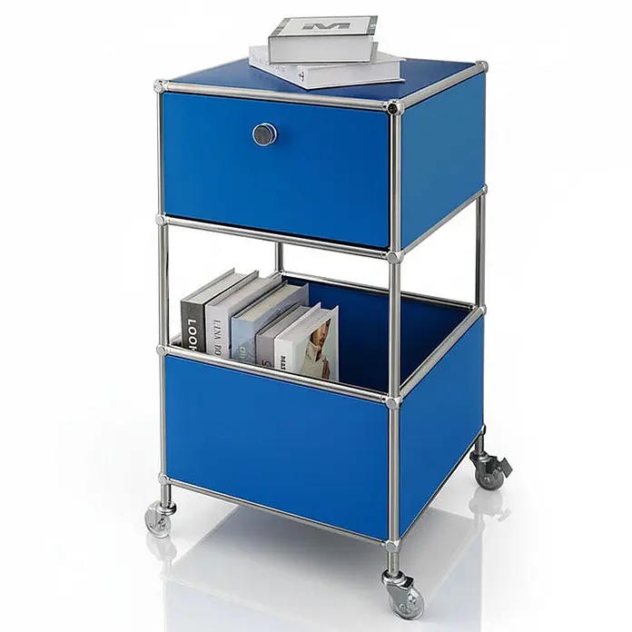 Floordirekt Metallregal Concept Epure MK-145 - 40 x 40 x 75 cm Blau - H x B x T: 75 x 40 x 40 cm, Anzahl Böden: 3 Stk., Schrauben, Blau - Blauer, modularer Rollcontainer mit verchromten Rahmen, einer Schublade und offenen Fächern für Bücher.