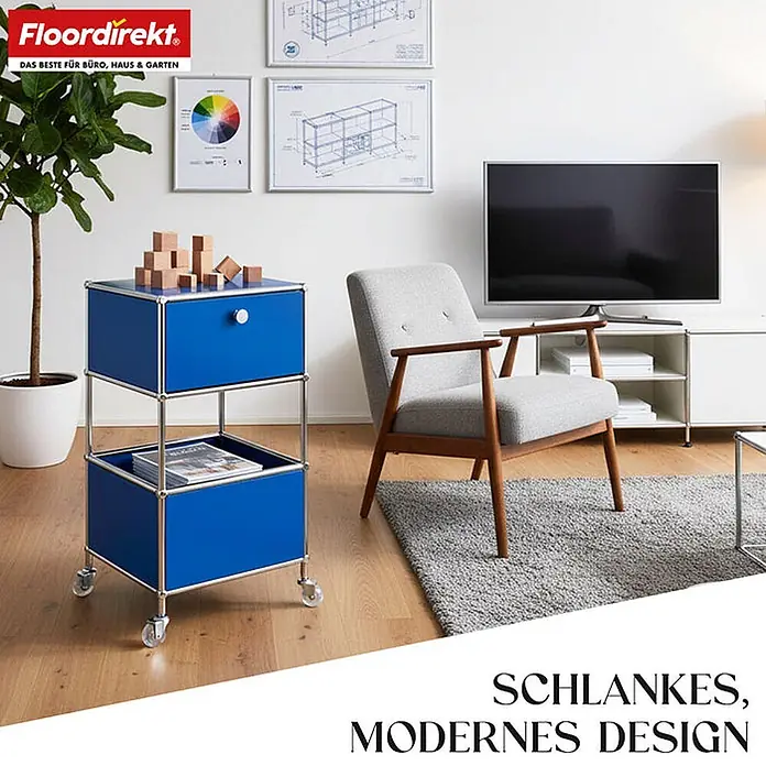 Floordirekt Metallregal Concept Epure MK-145 - 40 x 40 x 75 cm Blau - H x B x T: 75 x 40 x 40 cm, Anzahl Böden: 3 Stk., Schrauben, Blau - Blaues modulares Rollregal mit Schublade und offenem Fach, auf Rollen, in modernem Wohnzimmer.