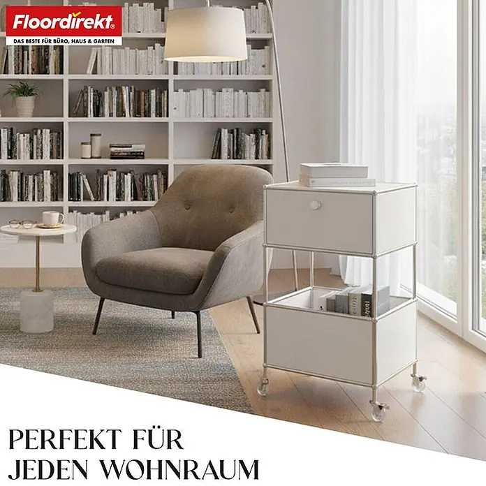 Floordirekt Metallregal Concept Epure MK-145 - 40 x 40 x 75 cm Weiß - Anzahl Böden: 3 Stk., Schrauben, Weiß - Weißes mobiles Rollregal mit zwei Ebenen, einer Schublade und offenem Fach, silbernem Rahmen und Rollen.
