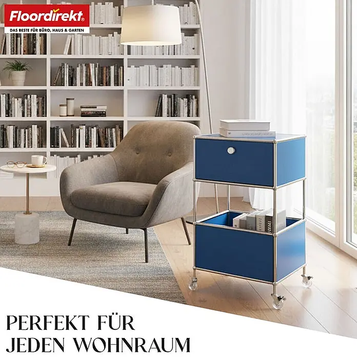 Floordirekt Metallregal Concept Epure MK-145 - 40 x 40 x 75 cm Blau - H x B x T: 75 x 40 x 40 cm, Anzahl Böden: 3 Stk., Schrauben, Blau - Blauer modularer Rollcontainer mit zwei Ebenen und Metallrahmen, als Beistelltisch im modernen Wohnzimmer.