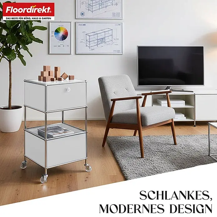 Floordirekt Metallregal Concept Epure MK-145 - 40 x 40 x 75 cm Weiß - Anzahl Böden: 3 Stk., Schrauben, Weiß - Weißes modulares Rollregal mit Chromrahmen, als Beistelltisch in einem modernen Wohnzimmer.