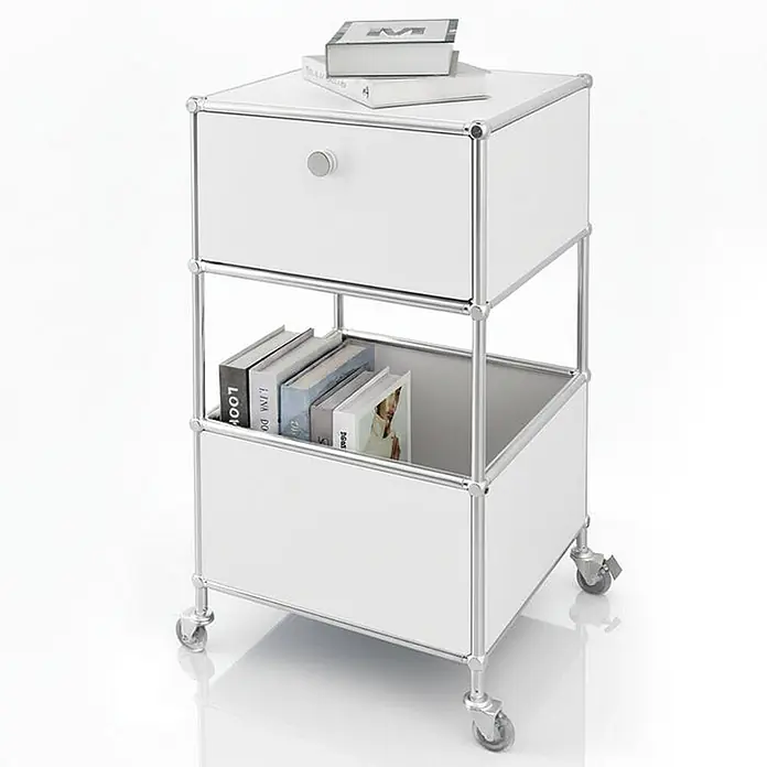 Floordirekt Metallregal Concept Epure MK-145 - 40 x 40 x 75 cm Weiß - Anzahl Böden: 3 Stk., Schrauben, Weiß - Weißes modulares Aufbewahrungselement mit Chromrahmen, einer Schublade, einem offenen Fach mit Büchern und Rollen.
