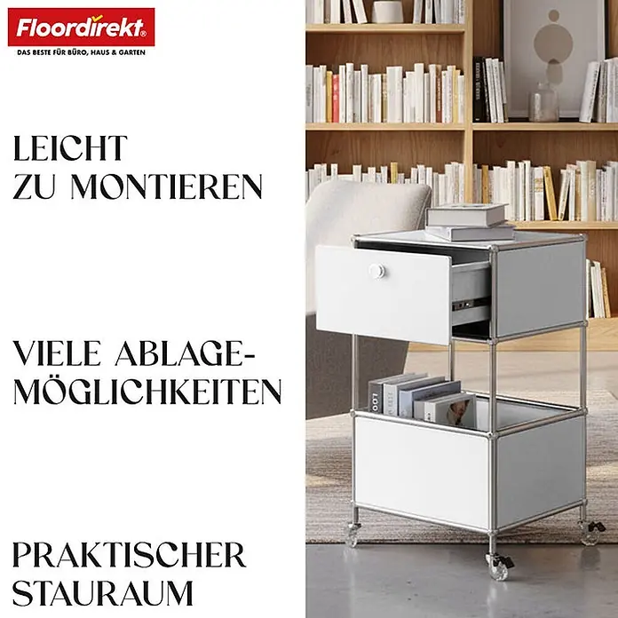 Floordirekt Metallregal Concept Epure MK-145 - 40 x 40 x 75 cm Weiß - Anzahl Böden: 3 Stk., Schrauben, Weiß - Weiß-grauer mobiler Rollwagen mit Schublade und offenen Fächern für Stauraum in einem Raum.