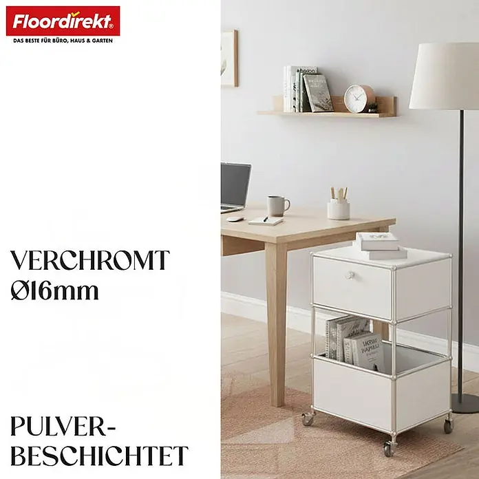 Floordirekt Metallregal Concept Epure MK-145 - 40 x 40 x 75 cm Weiß - Anzahl Böden: 3 Stk., Schrauben, Weiß - Weißer mobiler Rollcontainer mit verchromtem Metallrahmen und Schubladen, neben einem Schreibtisch im Homeoffice.